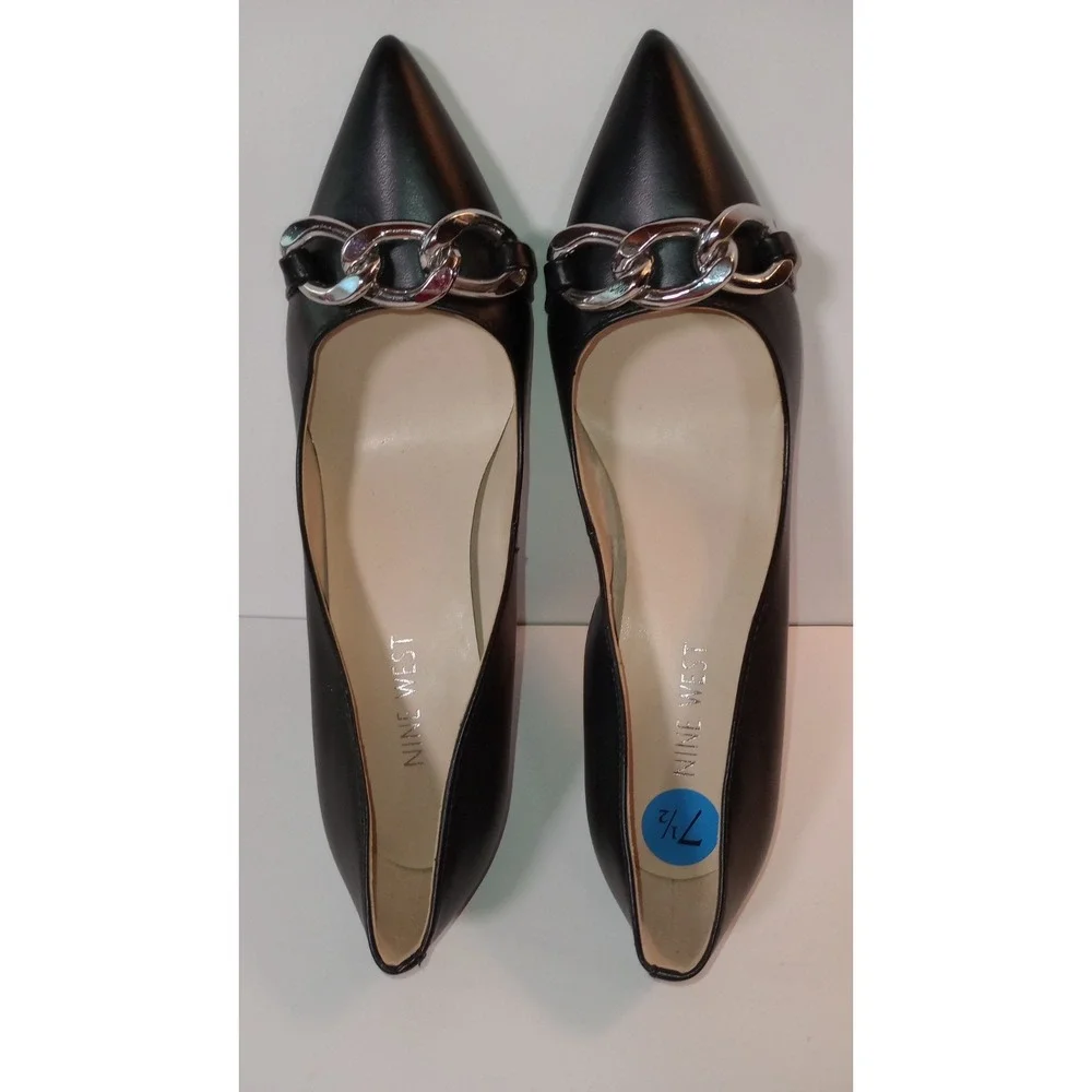 Nine West Tatiana Black Pointed Toe Heels Silver Chain Stiletto Pumps Mens 7.5